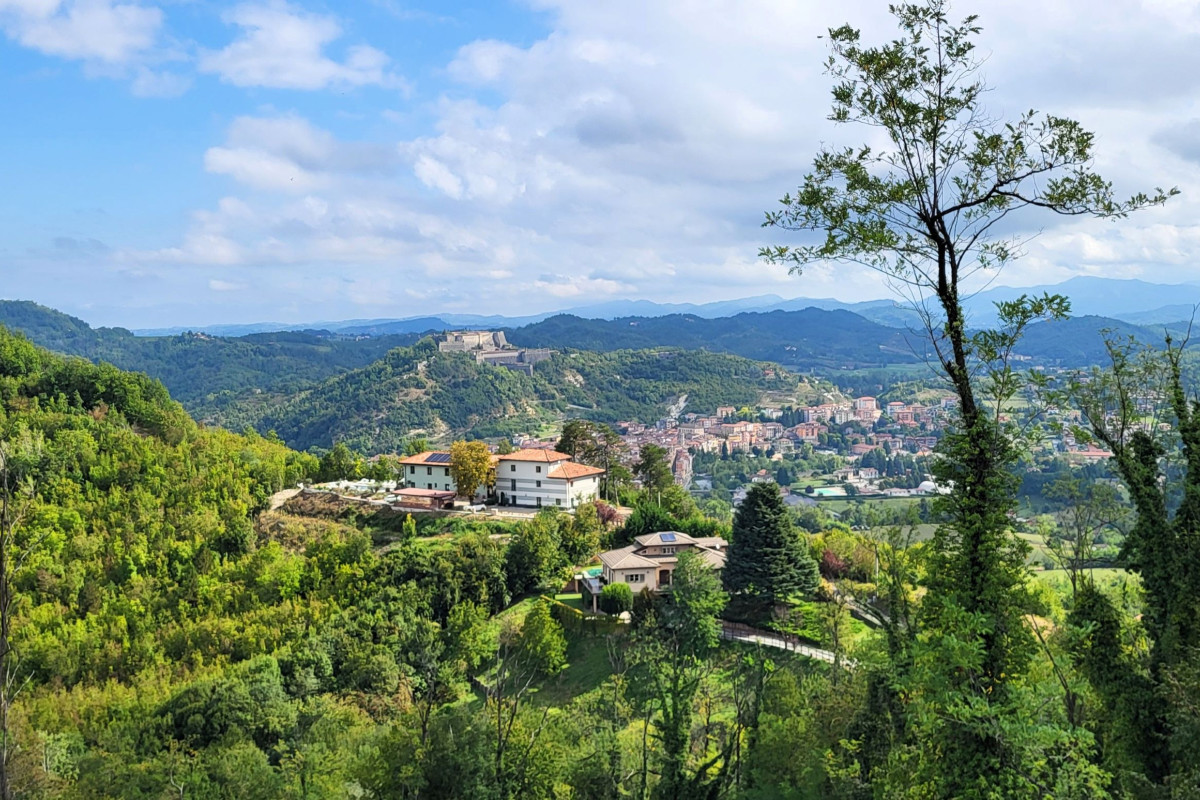 Utsikt fra landsbyen ned til vingården - og i bakgrunnen er Gavi by og Gavi fort